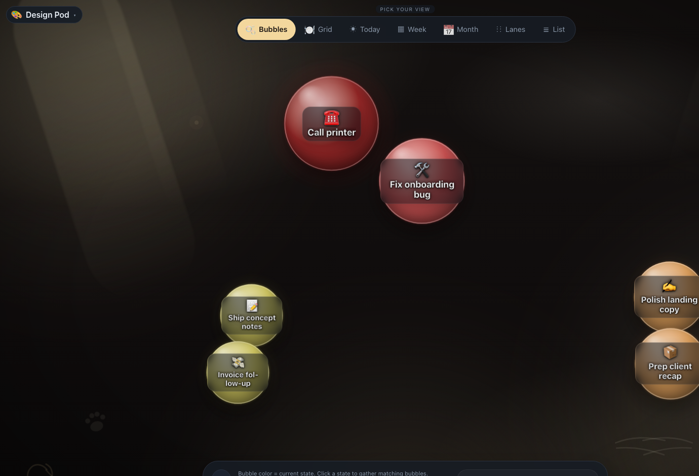 NudgeTable bubbles view with grouped reminder bubbles