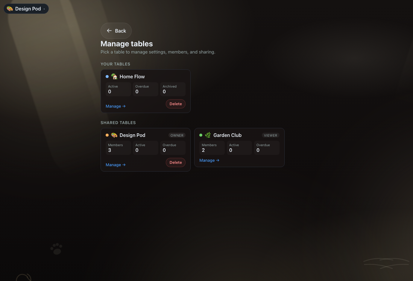 NudgeTable manage tables screen
