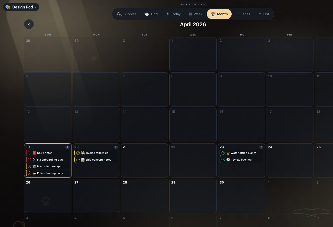 NudgeTable month view showing calendar planning